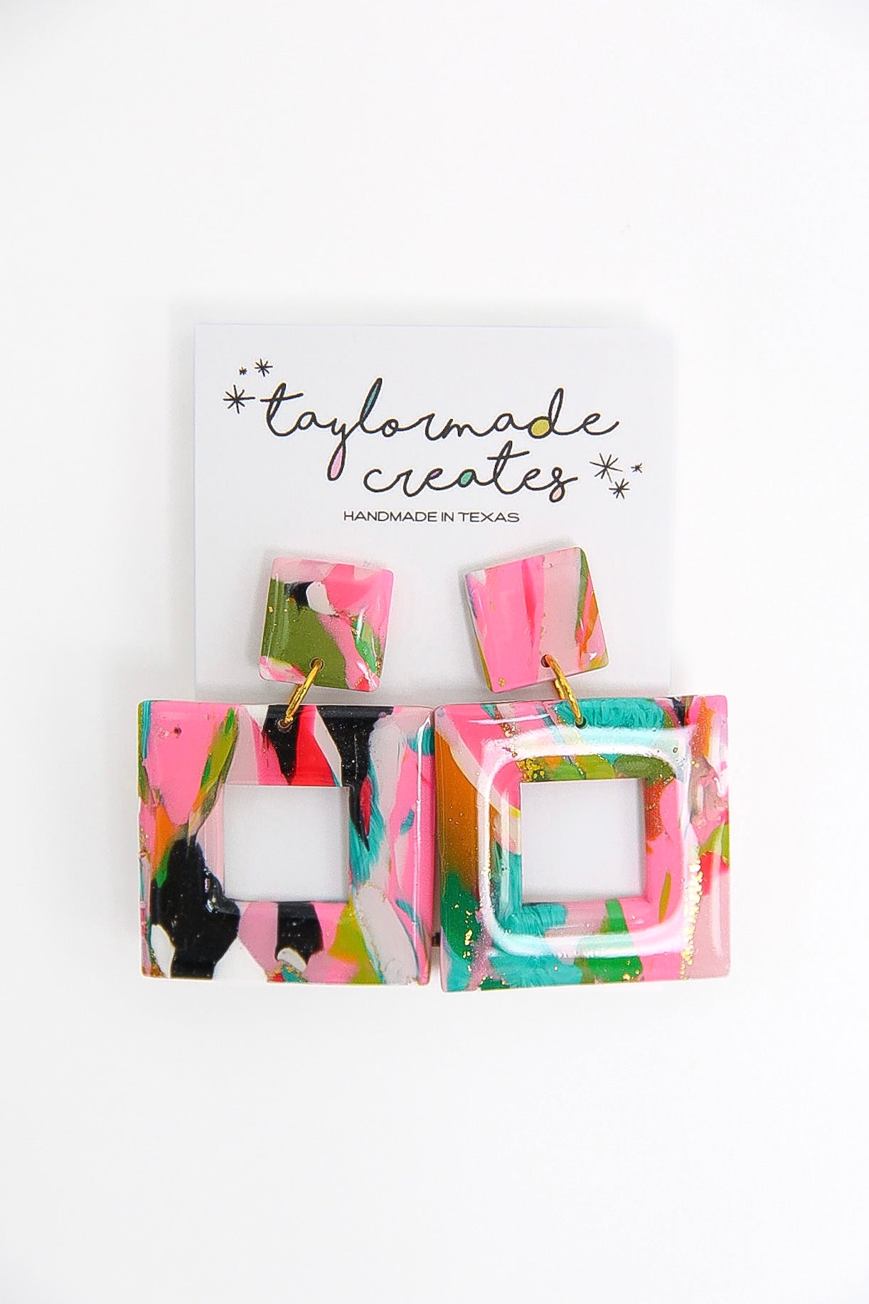 Pink & Aqua Scrappy Square Earrings - Large