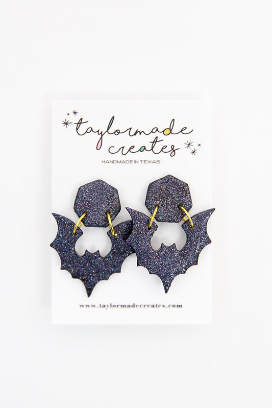 Black Glitter Bat Earrings- Large