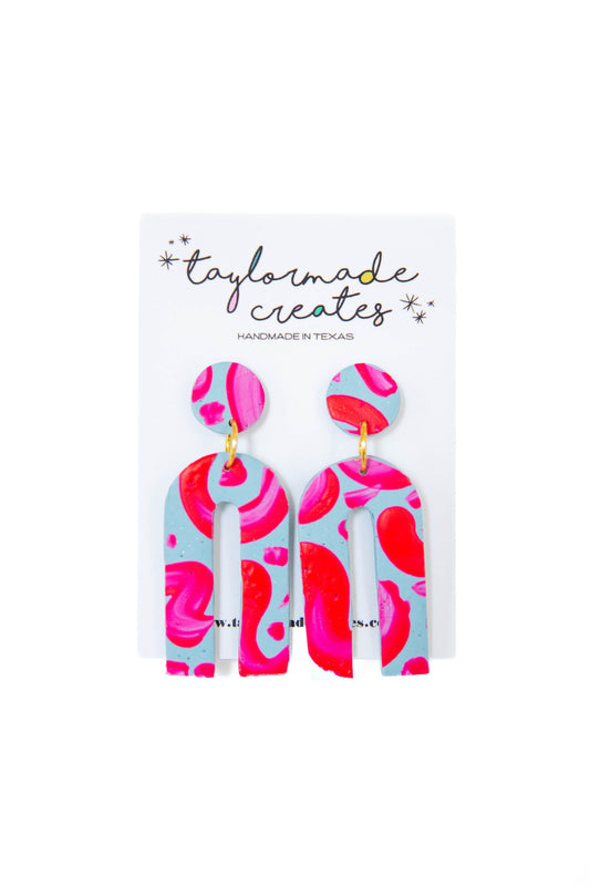 Baby Blue & Neon Pink Abstract Painted Arch Earrings