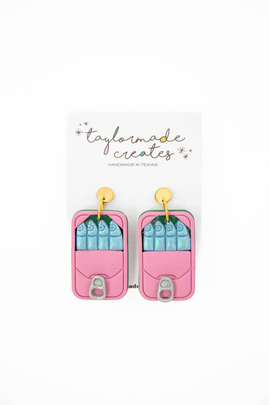 Pink & Blue Sardine Tin Earrings - Large