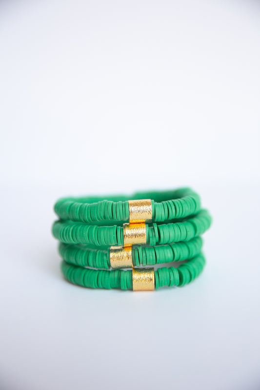 Green Vinyl Disk Beaded Elastic Bracelet