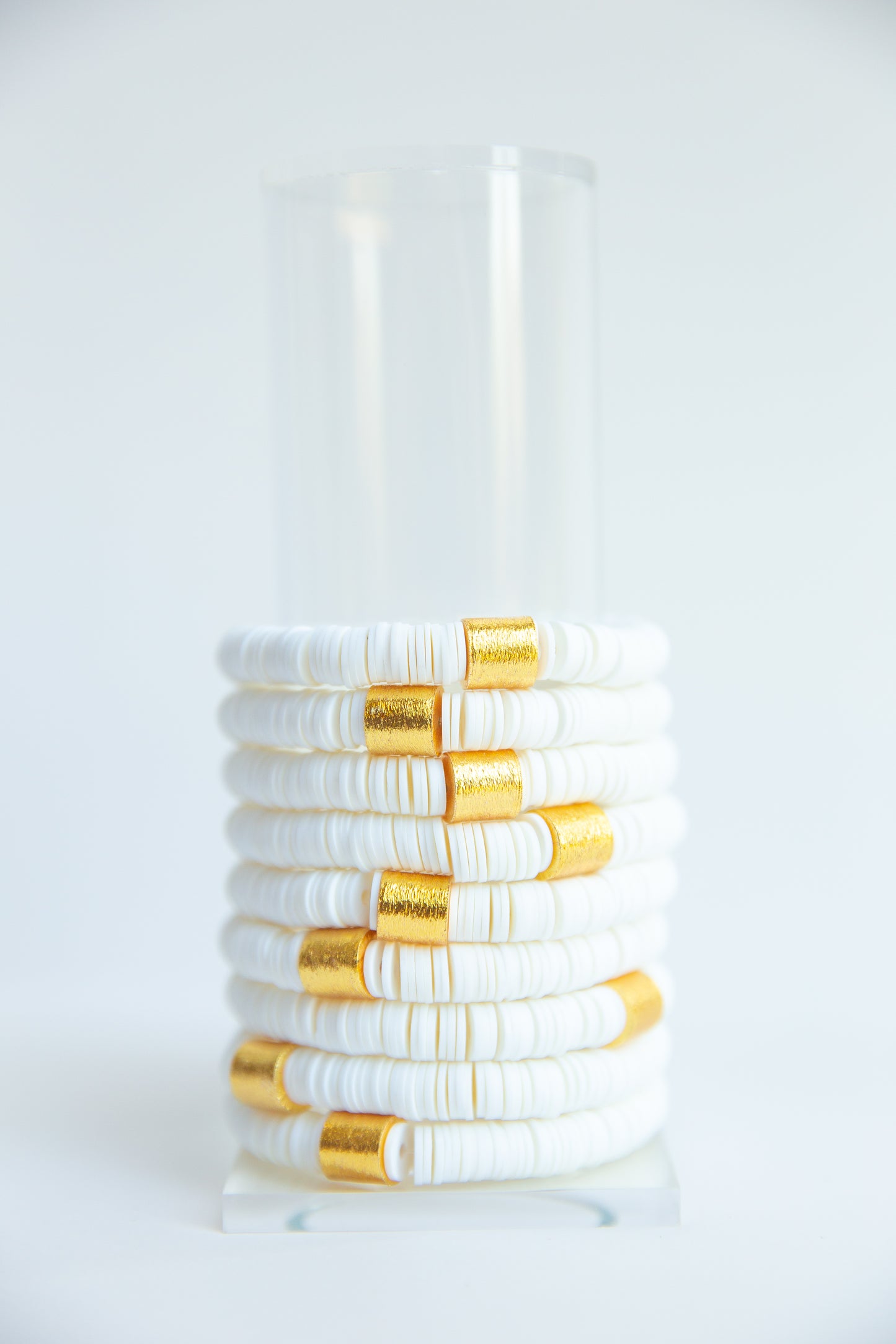 White Vinyl Disk Beaded Elastic Bracelet