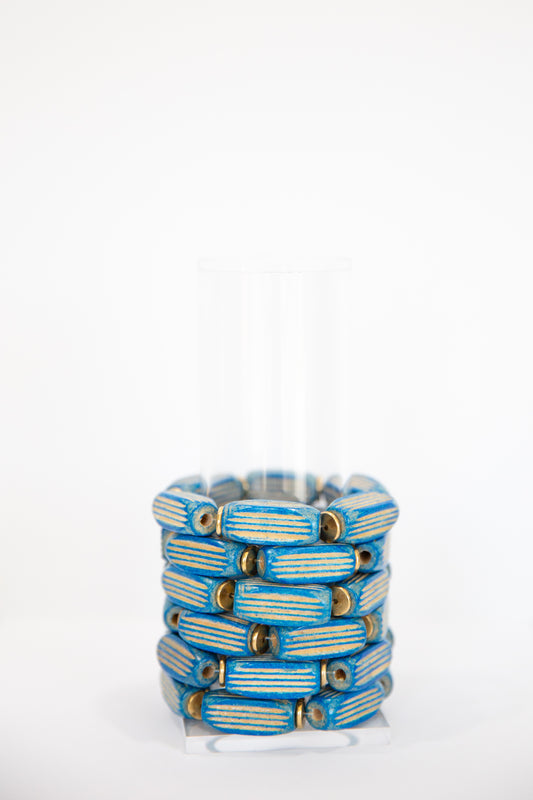 Blue Long Wooden Bead Elastic Bracelet