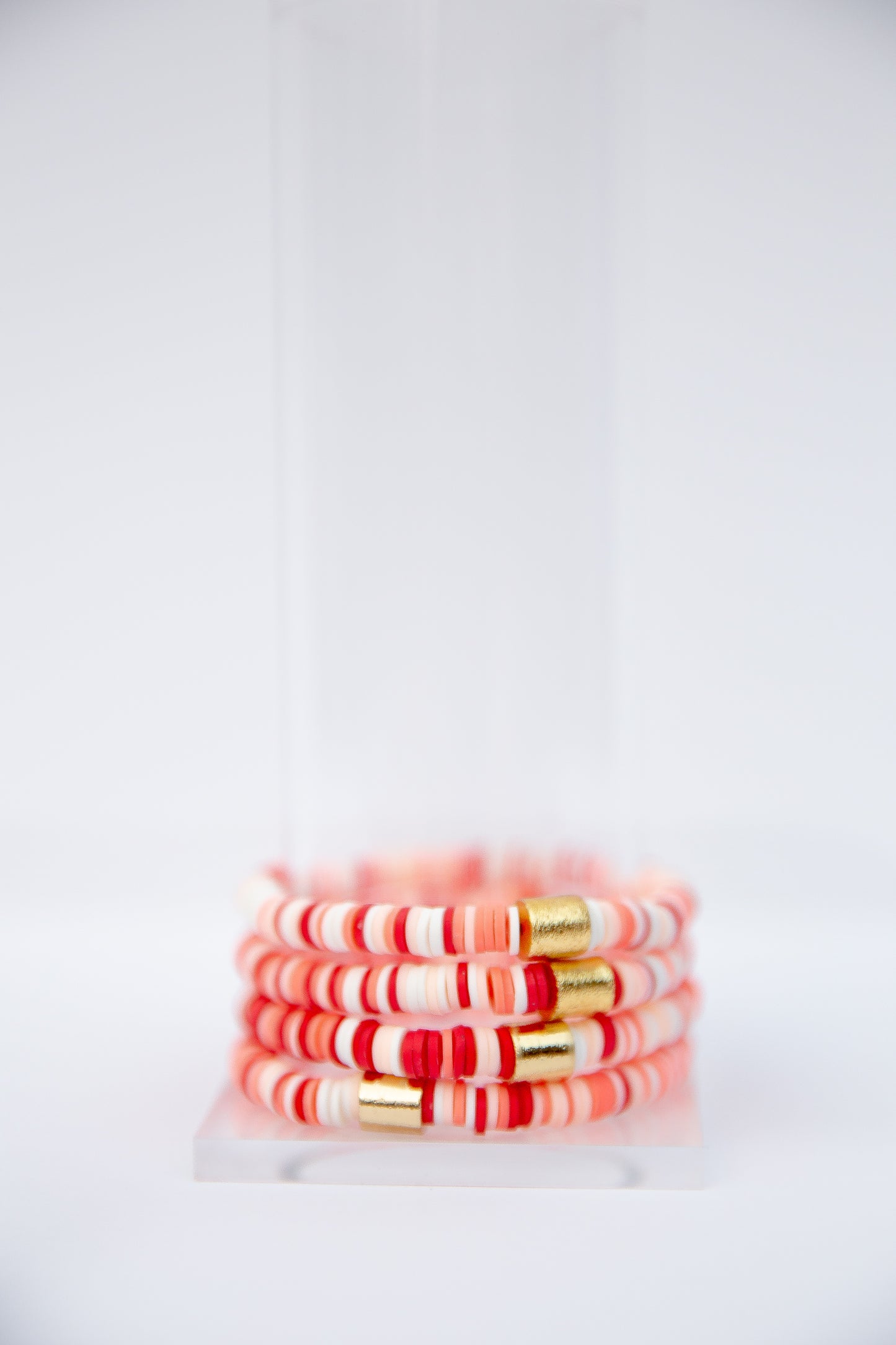 Red & Coral Vinyl Disk Beaded Elastic Bracelet