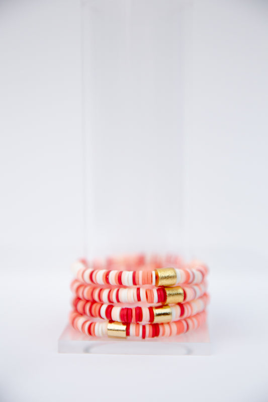 Red & Coral Vinyl Disk Beaded Elastic Bracelet