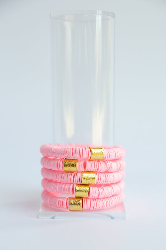 Light Pink Vinyl Disk Beaded Elastic Bracelet