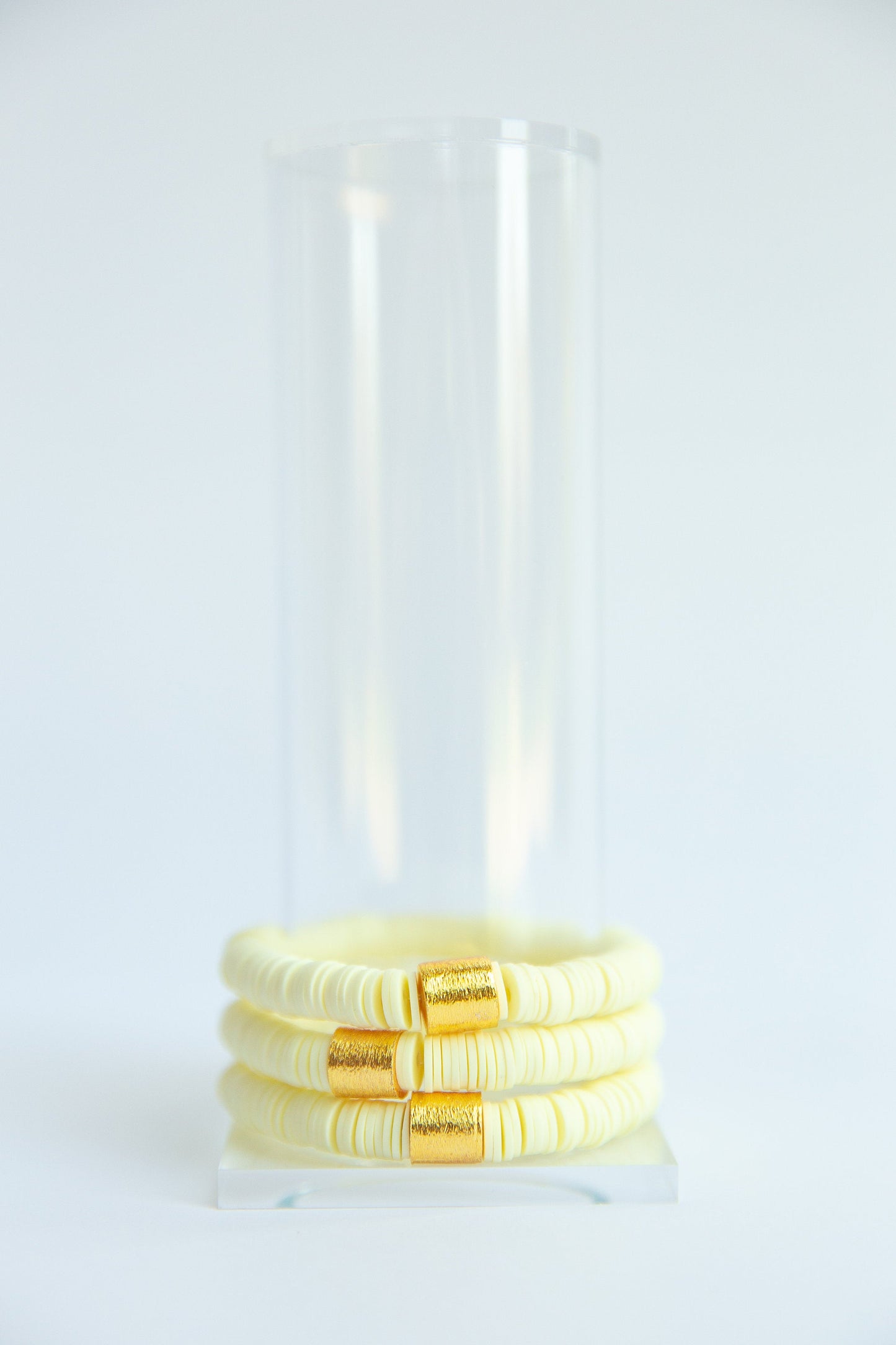 Pale Yellow Vinyl Disk Beaded Elastic Bracelet