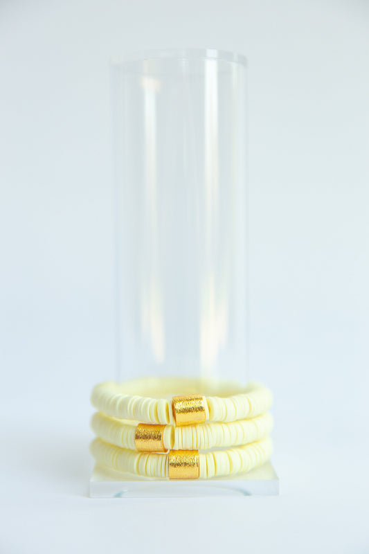 Pale Yellow Vinyl Disk Beaded Elastic Bracelet