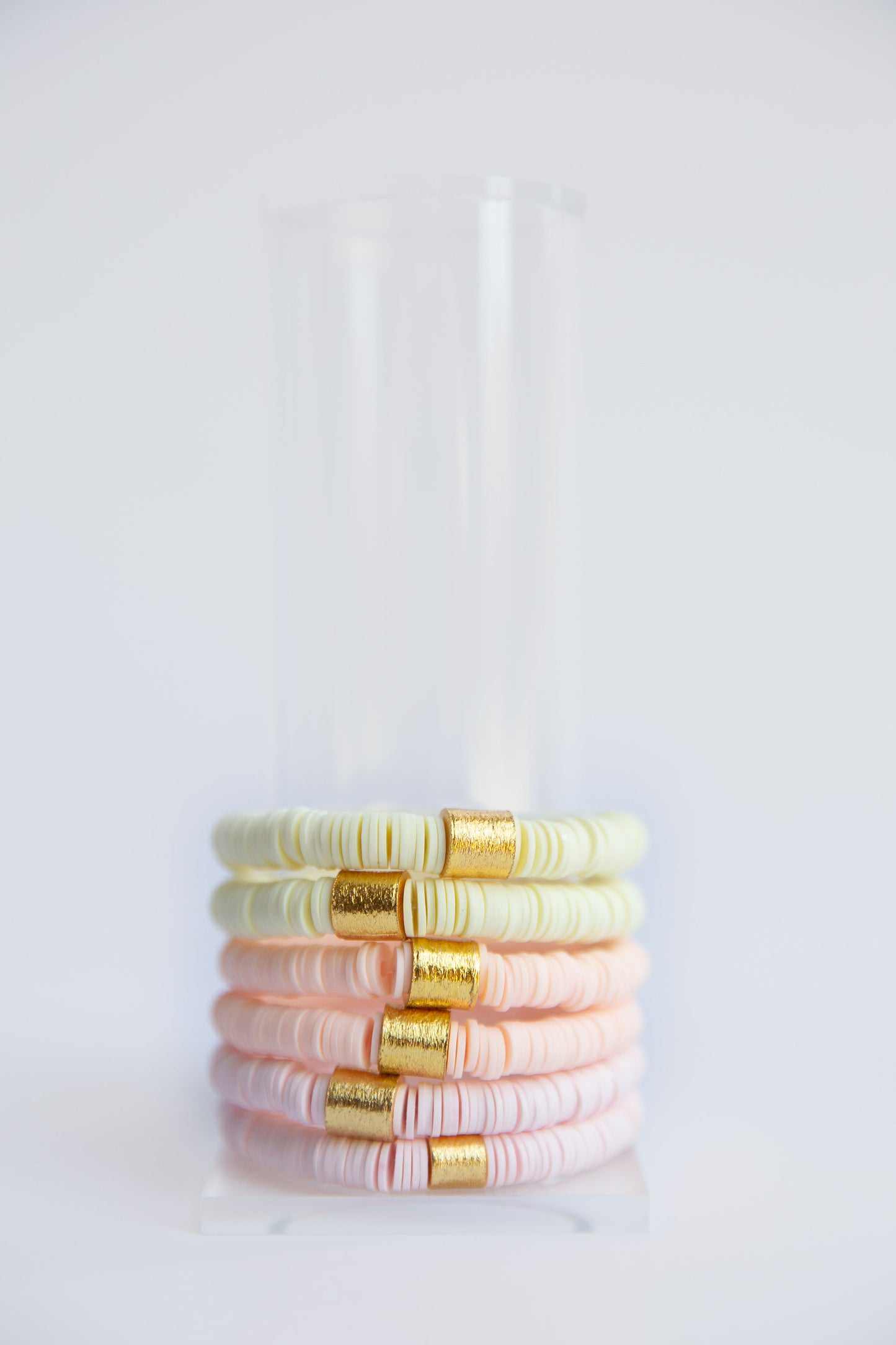 Pale Yellow Vinyl Disk Beaded Elastic Bracelet