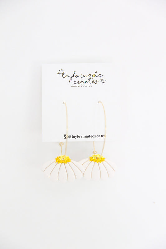 White and Yellow Coneflower Earrings - Hoops