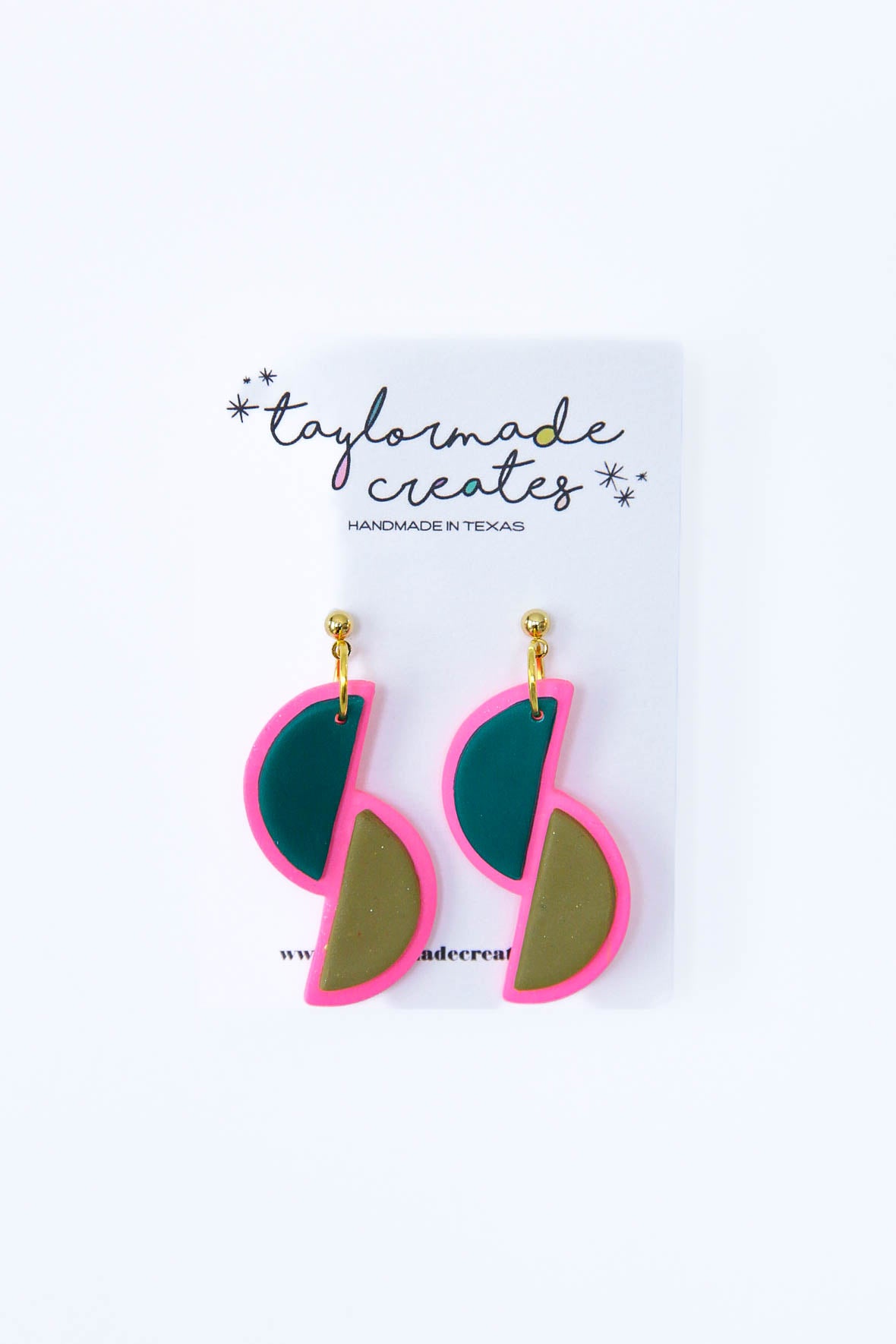 Hot Pink & Green Geo Semicircle Earrings - Large