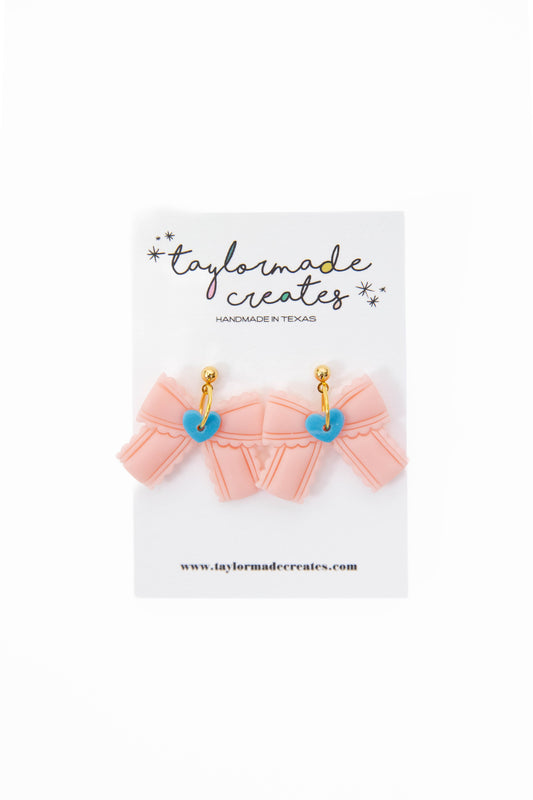 Light Pink Ribbon Bow Earrings - Medium