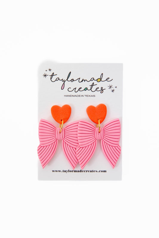 Hot Pink & Hot Orange Striped Bow Earrings - Large