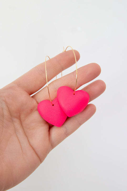 Hot Pink Puffy Heart Hoop Earrings
