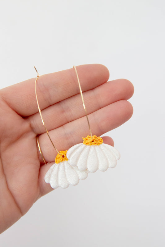 White & Yellow Coneflower Hoop Earrings