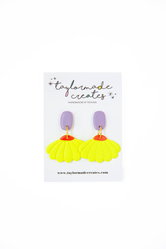 Neon Yellow & Lavender Coneflower Dangle Earrings - Medium