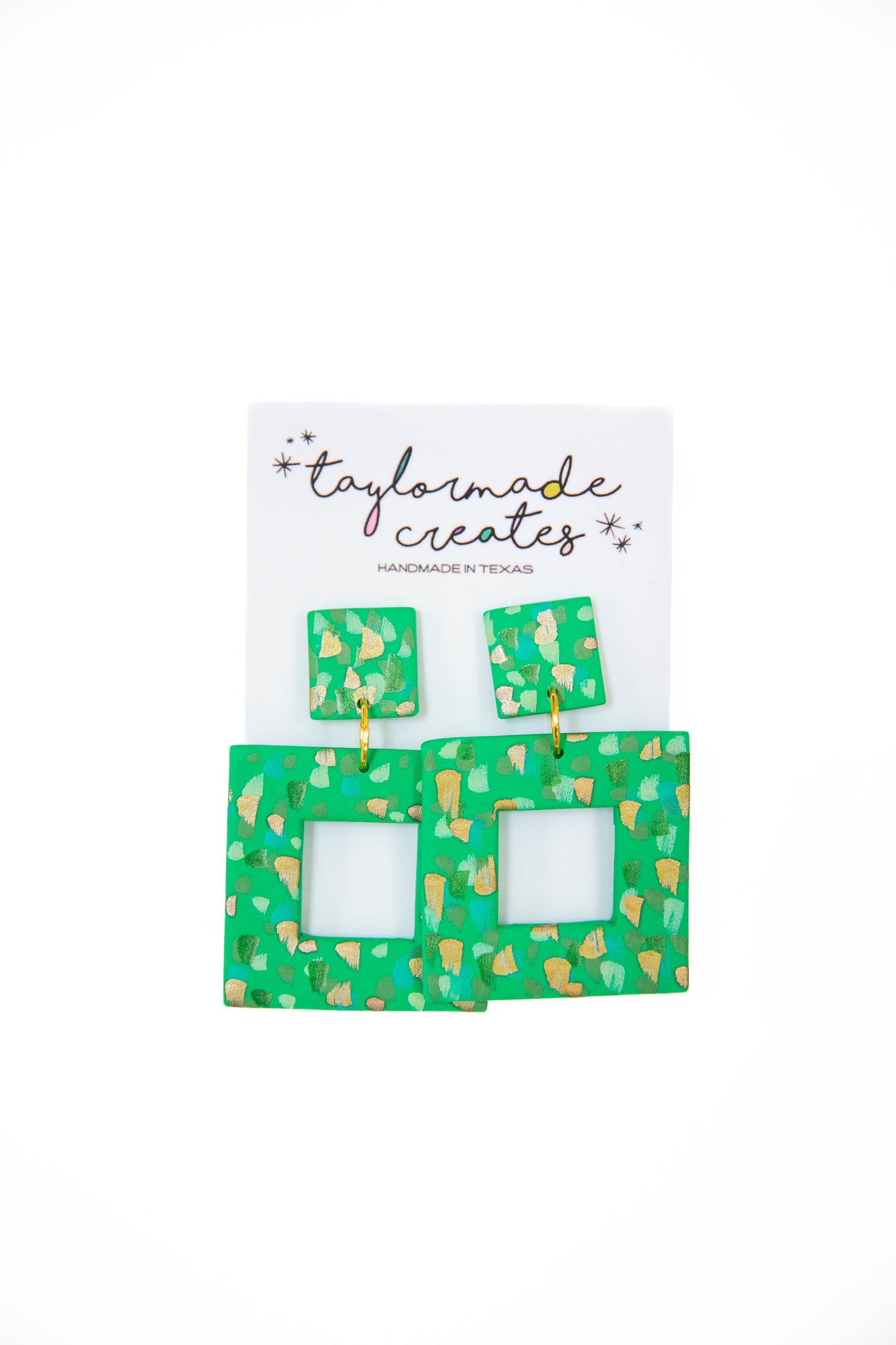 Green & Gold Painted Dot Square Earrings - Large