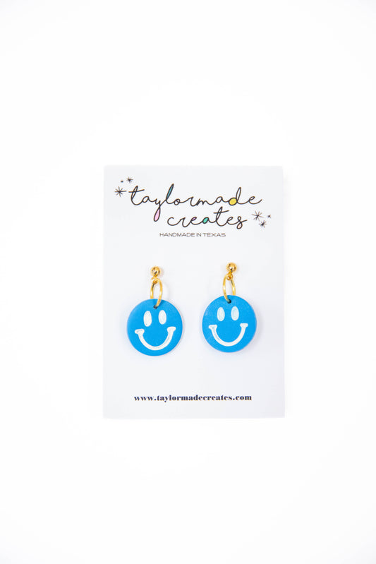 Blue Happy Face Dangle Earrings - Small