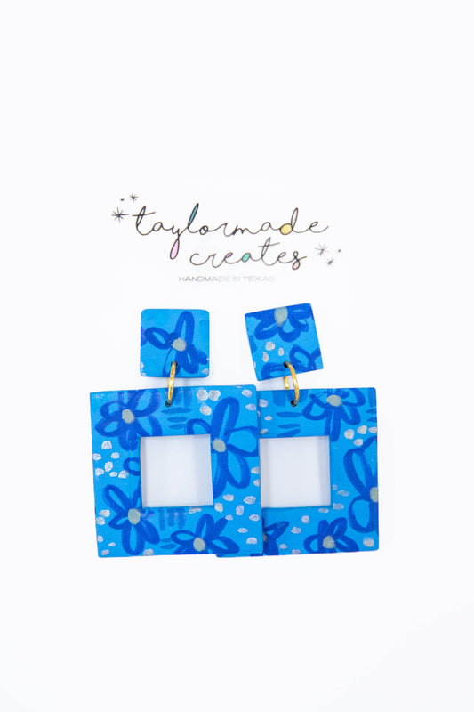 Blue Painted Floral Square Earrings - Large