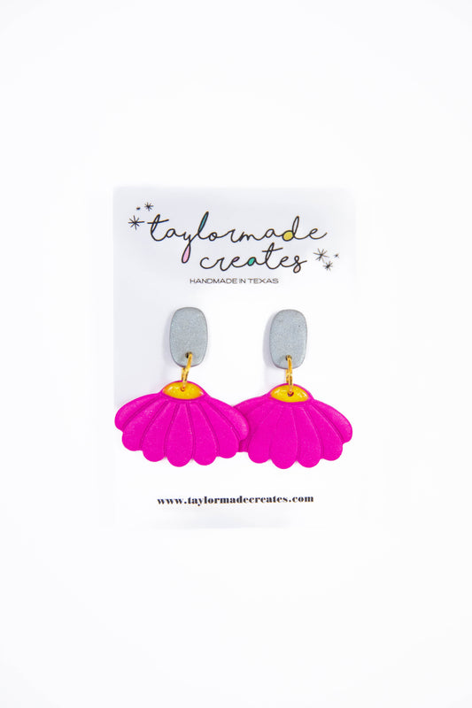 Hot Pink & Silver Coneflower Dangle Earrings - Medium