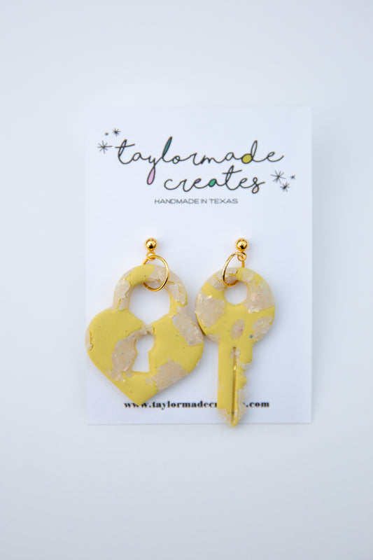Yellow and Opal Key & Lock Earrings